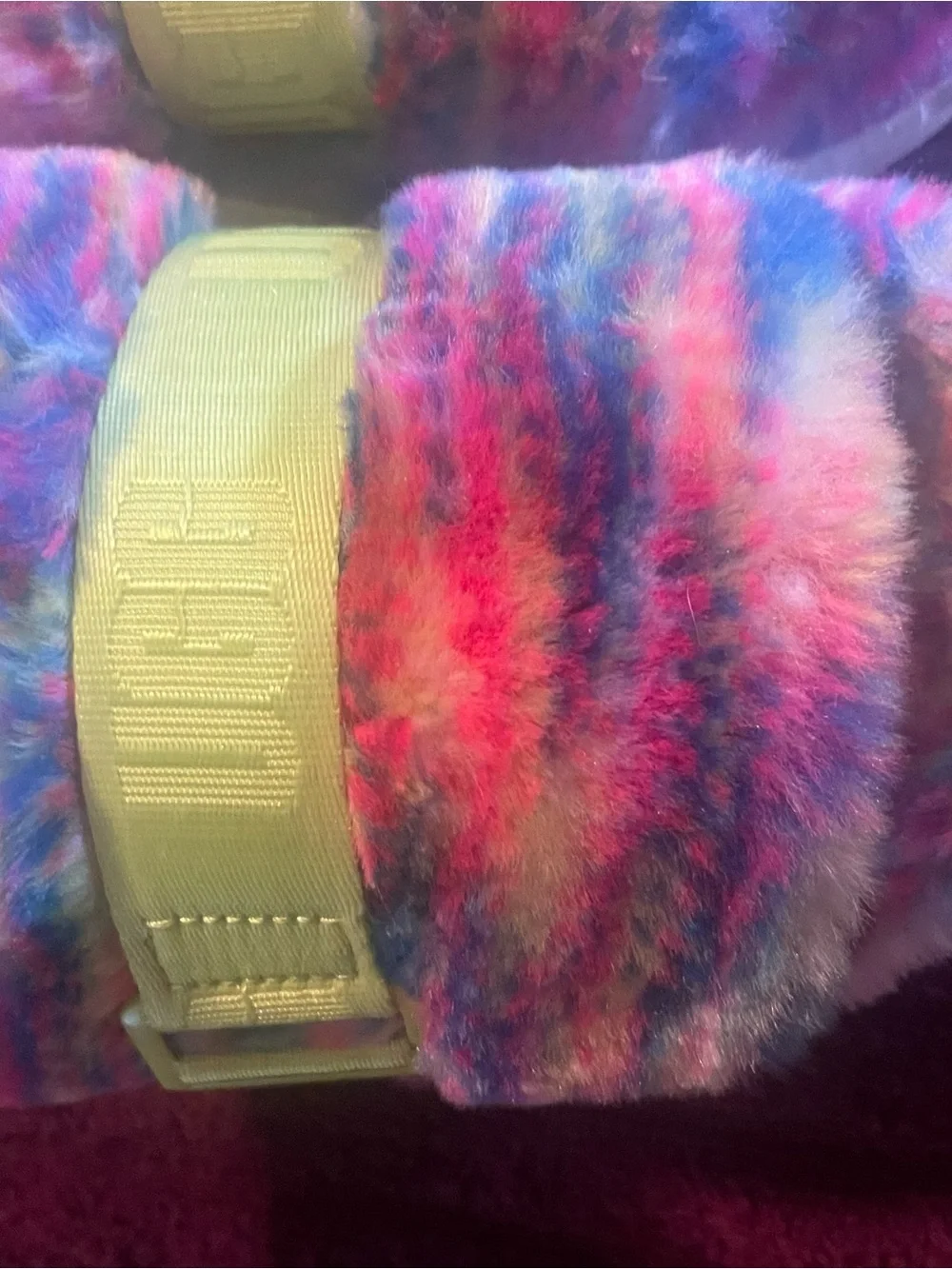 UGG Rainbow Faux-Fur Slide Sandals with Neon Strap